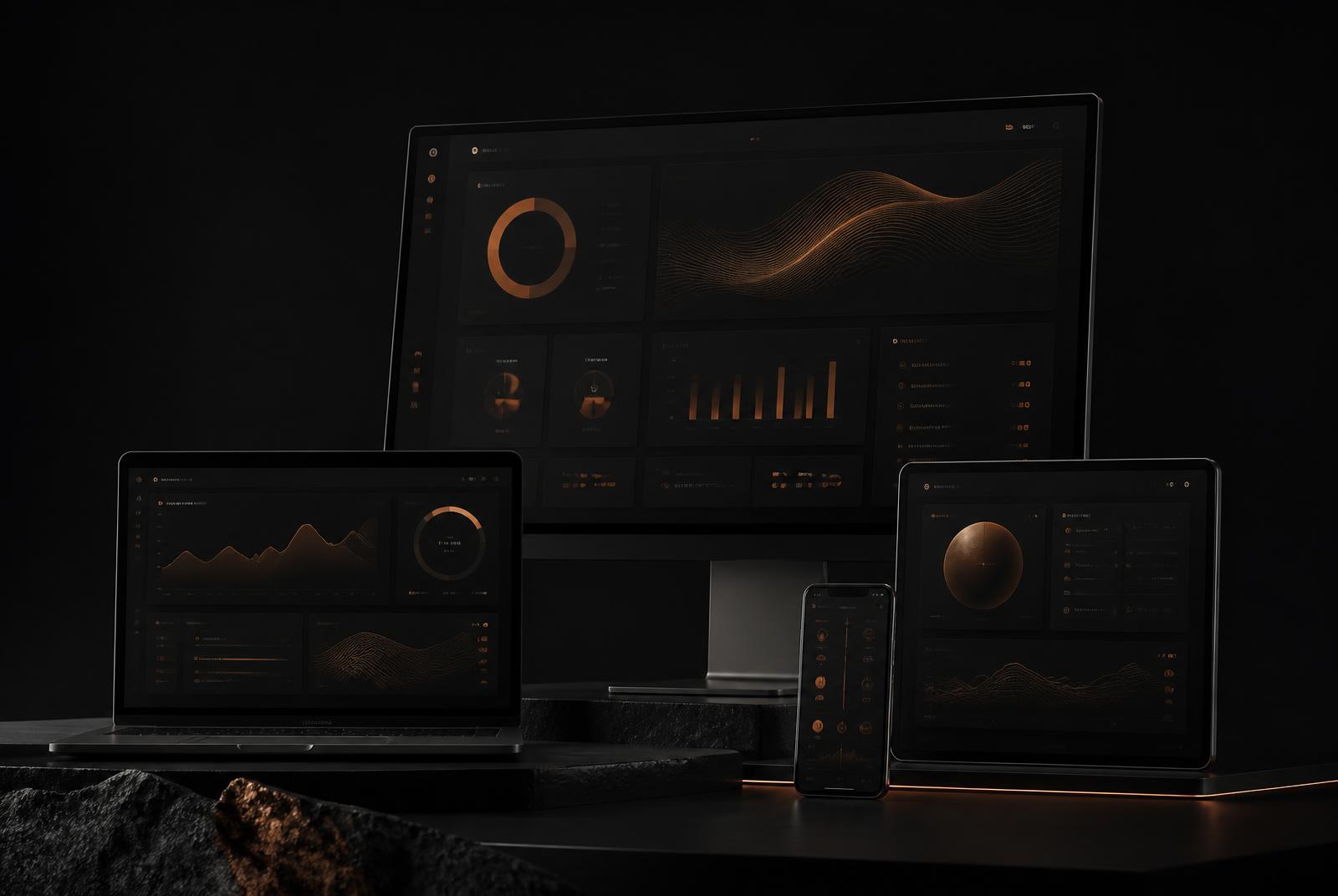 Digital product interfaces on dark screens