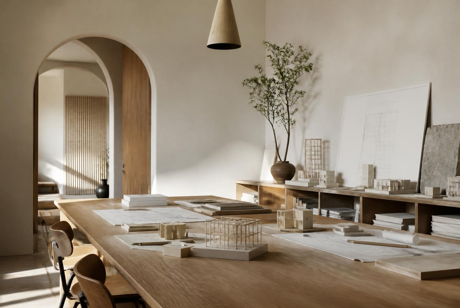Studio table with architectural models and drawings